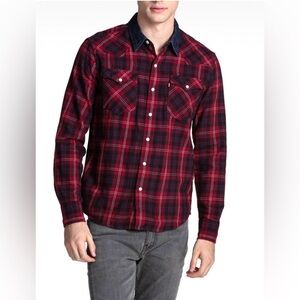 Levi’s Pearl Snap Red Plaid Denim Collar Mid-weight Long Sleeve Size Medium